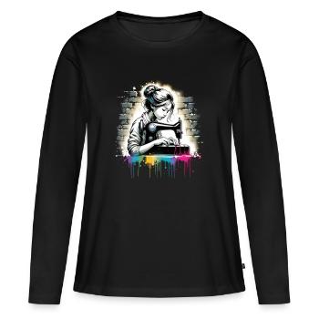 Mädchen, die gerne nähen - Frauen Premium Bio Langarmshirt - Schwarz - Vorne - Julia (174cm)