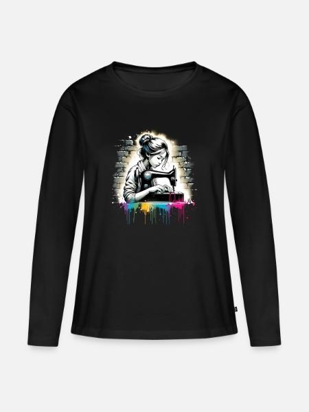 Mädchen, die gerne nähen - Frauen Premium Bio Langarmshirt - Schwarz