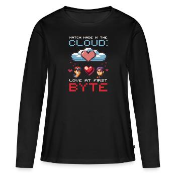 Geek-Liebespaarung in der Cloud – Liebe auf dem ersten Byte - Frauen Premium Bio Langarmshirt - Schwarz - Vorne - Julia (174cm)