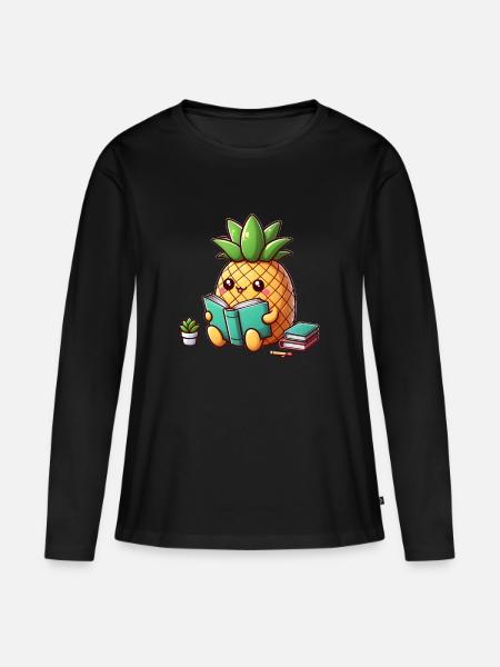 Lesende Ananas - Frauen Premium Bio Langarmshirt - Schwarz