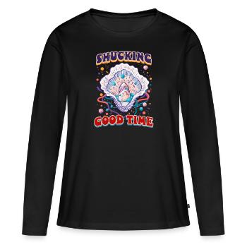 Écailler les huîtres bon temps - T-shirt manches longues Premium bio Femme - noir - Devant - Julia (174cm)