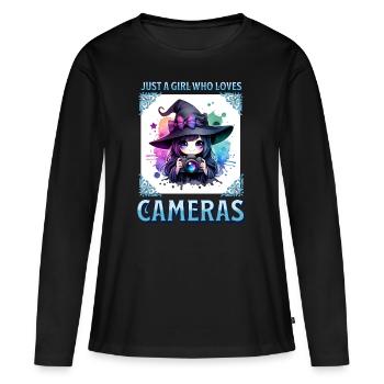 Juste une fille qui aime les appareils photo - Mignonne sorcière de dessin animé - T-shirt manches longues Premium bio Femme - noir - Devant - Julia (174cm)