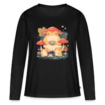 Frösche Mit Tee Fliegenpilz Cottagecore Blätter - Frauen Premium Bio Langarmshirt - Schwarz - Vorne - Julia (174cm)