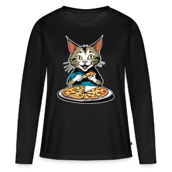 Le chat adore la pizza - T-shirt manches longues Premium bio Femme - noir - Devant - Julia (174cm)