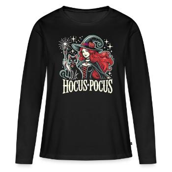 Mystische Hexe und Katze mit Hocus Pocus - Frauen Premium Bio Langarmshirt - Schwarz - Vorne - Julia (174cm)