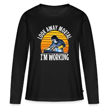 Look away mortal i'm working - Frauen Premium Bio Langarmshirt - Schwarz - Vorne - Julia (174cm)