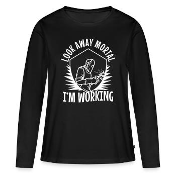 Look away mortal i'm working - Frauen Premium Bio Langarmshirt - Schwarz - Vorne - Julia (174cm)