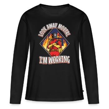 Look away mortal i'm working - Frauen Premium Bio Langarmshirt - Schwarz - Vorne - Julia (174cm)