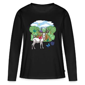 Rothirsch Wild Rehbock Schmetterlinge Natur Garten - Frauen Premium Bio Langarmshirt - Schwarz - Vorne - Julia (174cm)