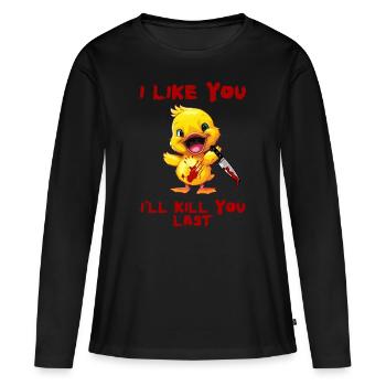 Canard avec couteau - Drôle et effrayant Je t’aime bien - T-shirt manches longues Premium bio Femme - noir - Devant - Julia (174cm)
