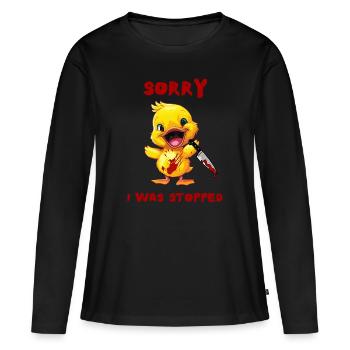 Canard avec couteau - désolé, a été arrêté - T-shirt manches longues Premium bio Femme - noir - Devant - Julia (174cm)