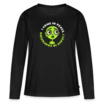 Enlèvement extraterrestre Venez en paix Laisser dans la confusion - T-shirt manches longues Premium bio Femme - noir - Devant - Julia (174cm)