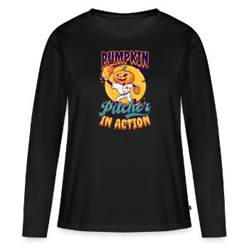 Pichet de citrouille de baseball d’Halloween en action - T-shirt manches longues Premium bio Femme - noir - Devant - Julia (174cm)