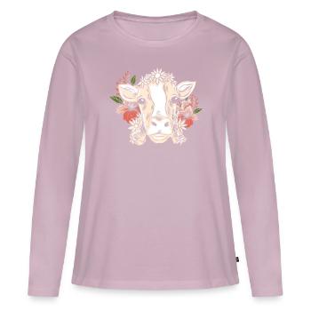 Vache avec couronne florale motif floral - T-shirt manches longues Premium bio Femme - rose poudré - Devant - Julia (174cm)