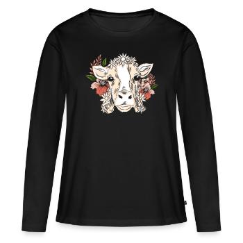 Vache avec couronne florale motif floral - T-shirt manches longues Premium bio Femme - noir - Devant - Julia (174cm)