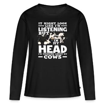 Je pense à ma vache qui écoute - T-shirt manches longues Premium bio Femme - noir - Devant - Julia (174cm)
