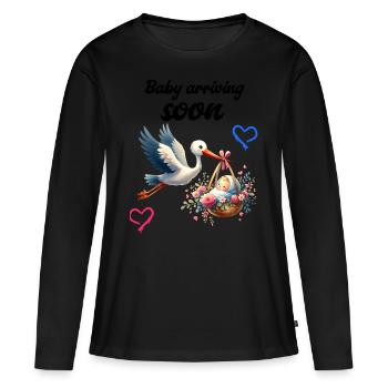 Bientôt je serai une mère, Avec la cigogne, bébé arrive bientôt - T-shirt manches longues Premium bio Femme - noir - Devant - Julia (174cm)