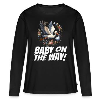 Soon I'll be a mother, baby on the way, stork - Women's Premium Organic Long Sleeve Shirt - black - Front - Julia (174cm)