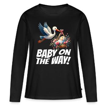 Soon I'll be a mother, baby on the way, stork - Women's Premium Organic Long Sleeve Shirt - black - Front - Julia (174cm)