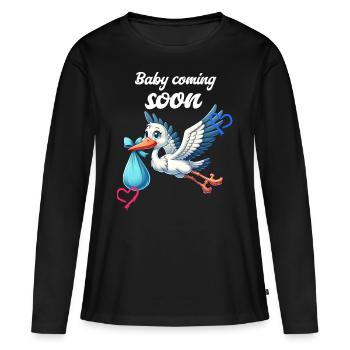 Bientôt je serai une mère, Avec la cigogne, bébé arrive bientôt - T-shirt manches longues Premium bio Femme - noir - Devant - Julia (174cm)