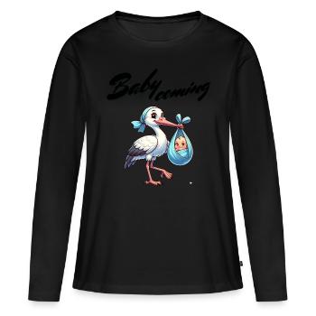 Expectant mother Stork brings the beautiful news - Women's Premium Organic Long Sleeve Shirt - black - Front - Julia (174cm)