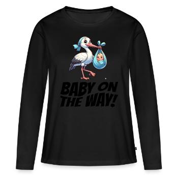 Expectant mother Stork brings the beautiful news - Women's Premium Organic Long Sleeve Shirt - black - Front - Julia (174cm)