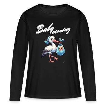 Expectant mother Stork brings the beautiful news - Women's Premium Organic Long Sleeve Shirt - black - Front - Julia (174cm)