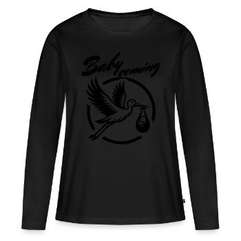 Expectant mother Stork brings the beautiful news - Women's Premium Organic Long Sleeve Shirt - black - Front - Julia (174cm)