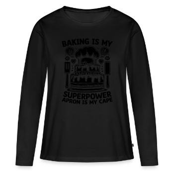 Backen ist meine Superpower Schürze ist mein Kapgebäck ba - Frauen Premium Bio Langarmshirt - Schwarz - Vorne - Julia (174cm)