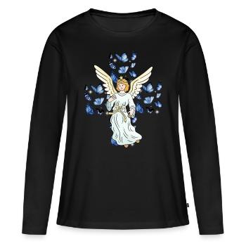 Ange Croix Crucifix Papillons Croix - T-shirt manches longues Premium bio Femme - noir - Devant - Julia (174cm)