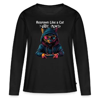 Respawn Like a Cat - Nine Lives Gamer Cat Design - Women's Premium Organic Long Sleeve Shirt - black - Front - Julia (174cm)