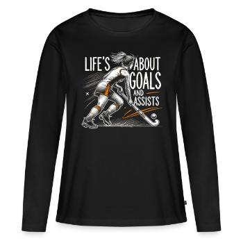 Feldhockey, Feldhockeyspielerin Life's About Goals - Frauen Premium Bio Langarmshirt - Schwarz - Vorne - Julia (174cm)
