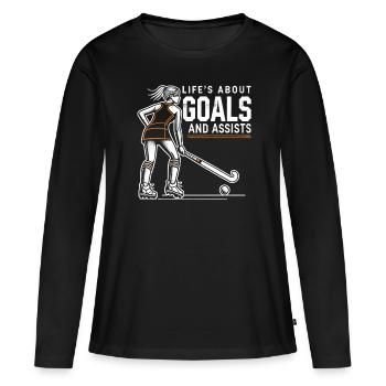 Feldhockey, Feldhockeyspielerin Life's About Goals - Frauen Premium Bio Langarmshirt - Schwarz - Vorne - Julia (174cm)