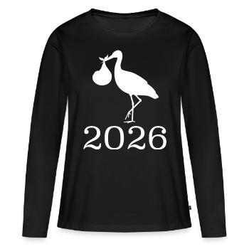 Faire-part de naissance Stork Motif 2026 - T-shirt manches longues Premium bio Femme - noir - Devant - Julia (174cm)
