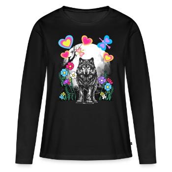Retro Wolf Wölfe Märchen Märchenfigur Vintage - Frauen Premium Bio Langarmshirt - Schwarz - Vorne - Julia (174cm)