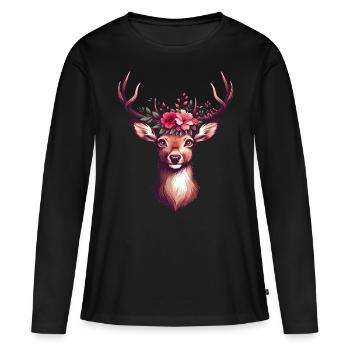Trachtenshirt Damen Trachten T-Shirt Hirsch Dirndl - Frauen Premium Bio Langarmshirt - Schwarz - Vorne - Julia (174cm)
