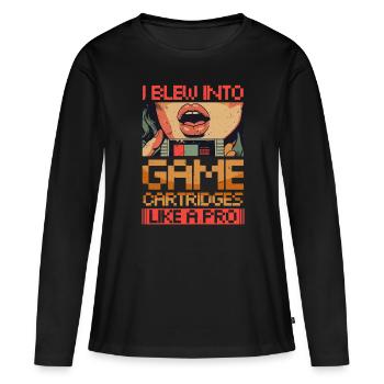 70s 80s 90s I Blew Into Game Cartridges - Frauen Premium Bio Langarmshirt - Schwarz - Vorne - Julia (174cm)