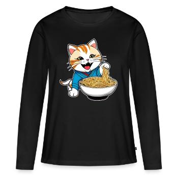 Niedliche hungrige Katze mit Spaghetti - Frauen Premium Bio Langarmshirt - Schwarz - Vorne - Julia (174cm)