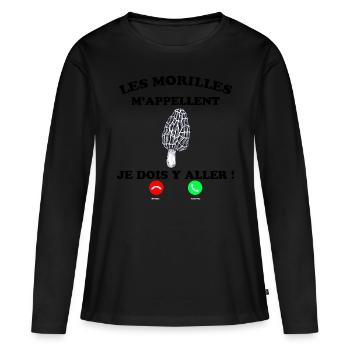 Les morilles m'appellent Citation Champignon - T-shirt manches longues Premium bio Femme - noir - Devant - Julia (174cm)