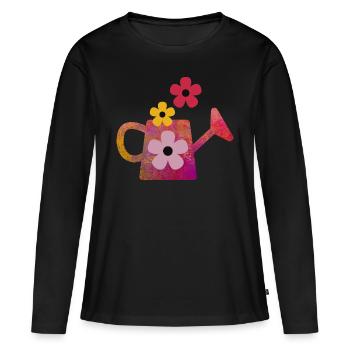 Rote Gießkanne mit Blumen - Frauen Premium Bio Langarmshirt - Schwarz - Vorne - Julia (174cm)