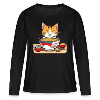 Cute asian cat and ramen noodles - Women's Premium Organic Long Sleeve Shirt - black - Front - Julia (174cm)