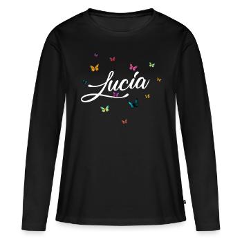 LUCIA - Nom de fille avec des papillons colorés - T-shirt manches longues Premium bio Femme - noir - Devant - Julia (174cm)