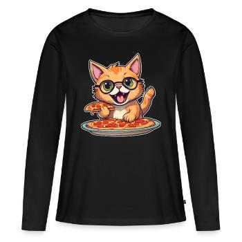 Le chat adore la pizza - T-shirt manches longues Premium bio Femme - noir - Devant - Julia (174cm)