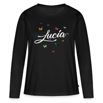 LUCIA - Nom de fille avec des papillons colorés - T-shirt manches longues Premium bio Femme - noir - Devant - Julia (174cm)