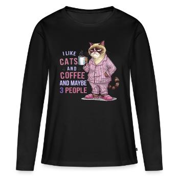 Chat amateur de café avec humour pyjama - T-shirt manches longues Premium bio Femme - noir - Devant - Julia (174cm)