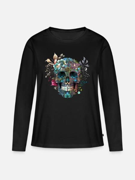 Mexikanischer Totenkopf, Blumen, Schädel, skull - Frauen Premium Bio Langarmshirt - Schwarz