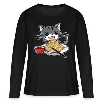 Niedliche Katze mit Ramen Nudeln - Frauen Premium Bio Langarmshirt - Schwarz - Vorne - Julia (174cm)