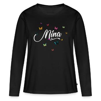 MINA - Nom de fille avec des papillons colorés - T-shirt manches longues Premium bio Femme - noir - Devant - Julia (174cm)
