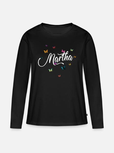MARTHA - Mädchen Name mit bunten Schmetterlingen - Frauen Premium Bio Langarmshirt - Schwarz
