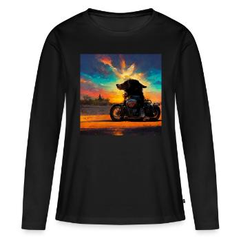 Hund fährt Motorrad Hündin Schädel Totenkopf Skull - Frauen Premium Bio Langarmshirt - Schwarz - Vorne - Julia (174cm)